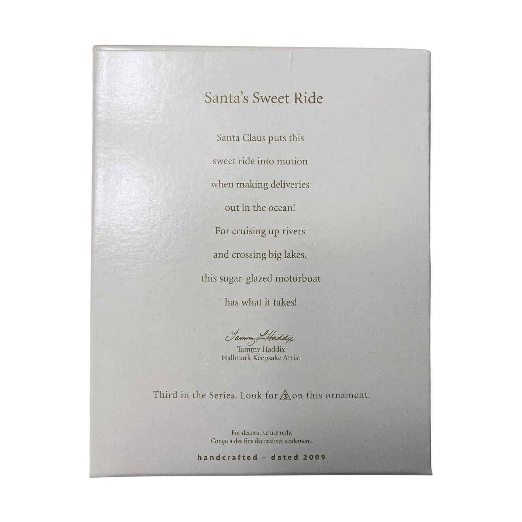 Silver ornament packaging with text about Santa's Sweet Ride on a white background