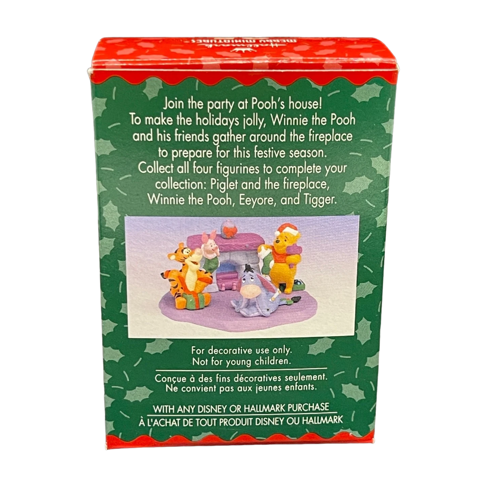 Box for Winnie the Pooh figurines with festive design and text.