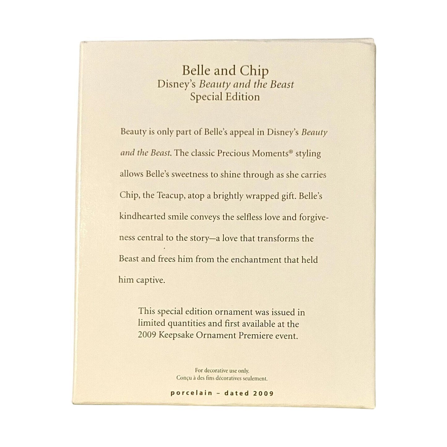 Description card for Belle and Chip ornament from Disney's Beauty and the Beast on a beige background